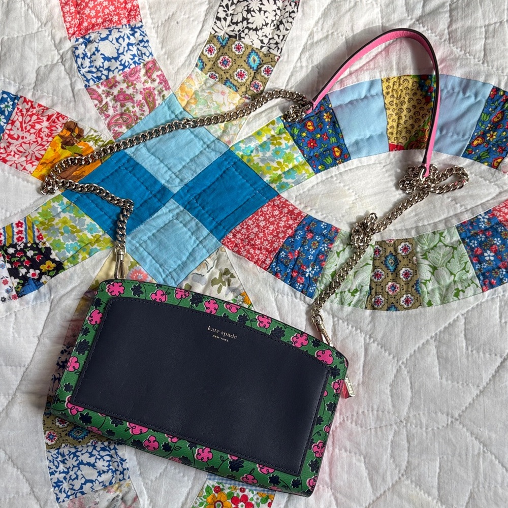 kate spade Navy and Green Floral-Trim Crossbody Bag with Pink Strap
